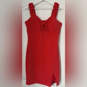 No Boundaries Mini Dress Women’s L Red Ribbed Knit Bodycon with Ruched tie